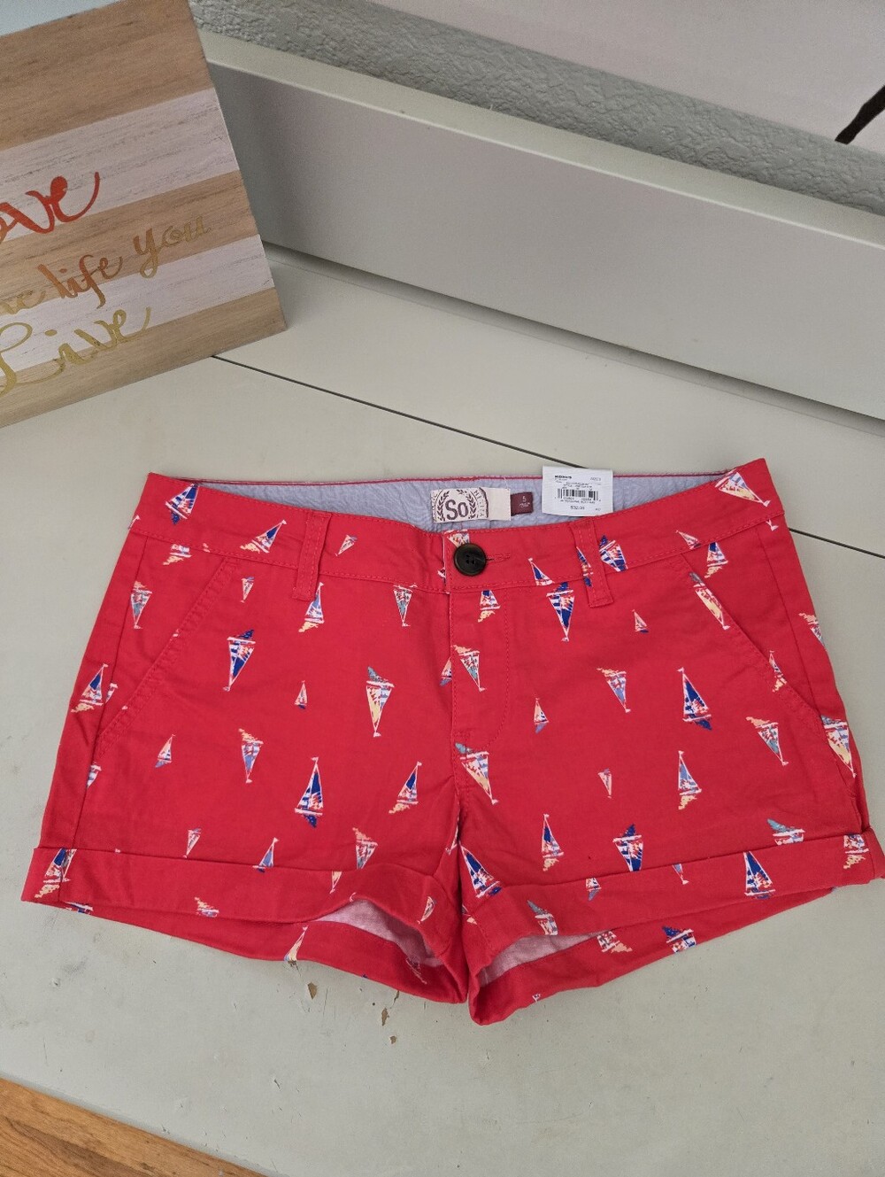 NWT SO Red Women's Red Sailboat Print Cotton Shorts Size 5 Juniors